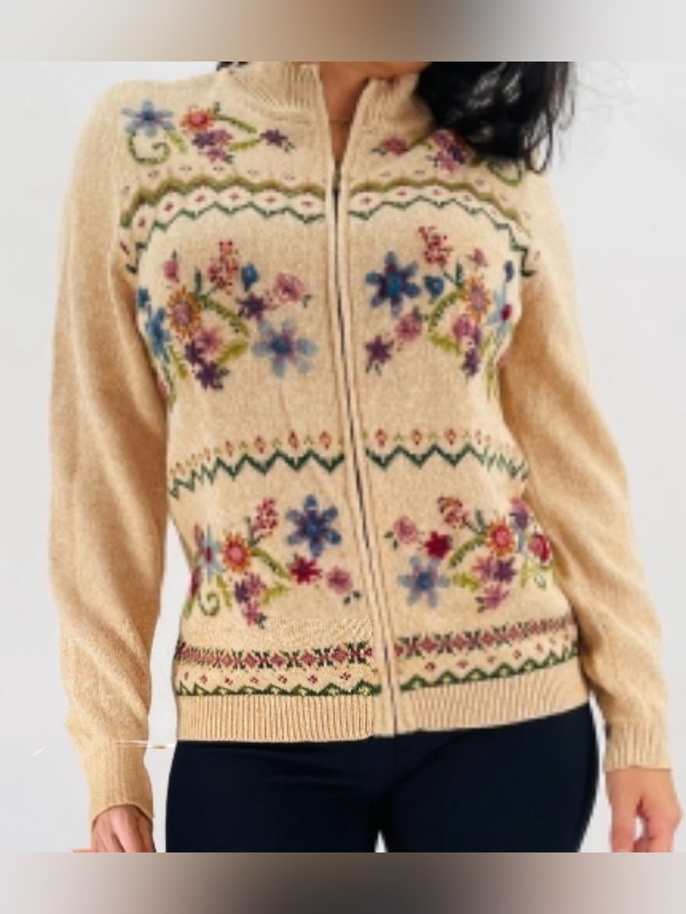 Alfred Dunner Floral Embroidered Full Zip Cardigan Sweater Tan Size S
